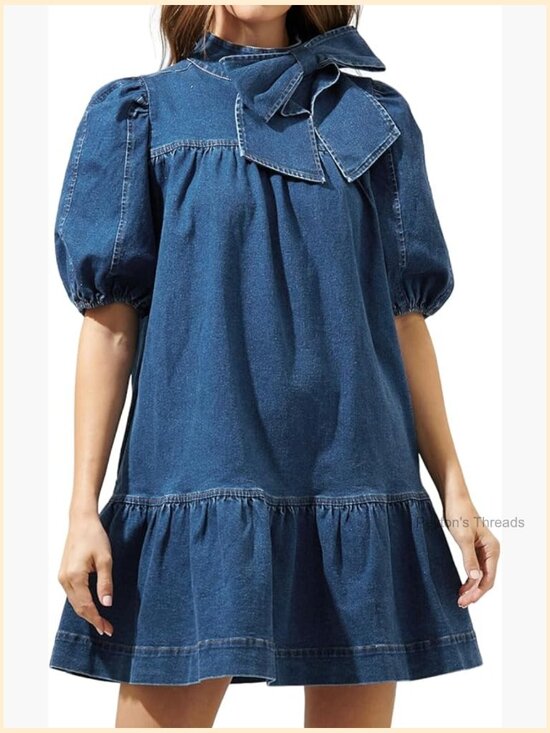 Dresses & Skirts - Puff Short Sleeve Denim Dress Mock Neck Babydoll Shift Dress with Bow